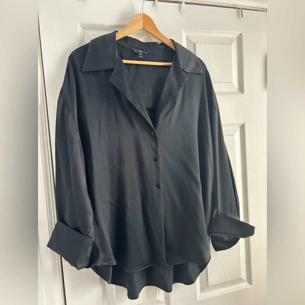 Black Satin Button-Up Blouse